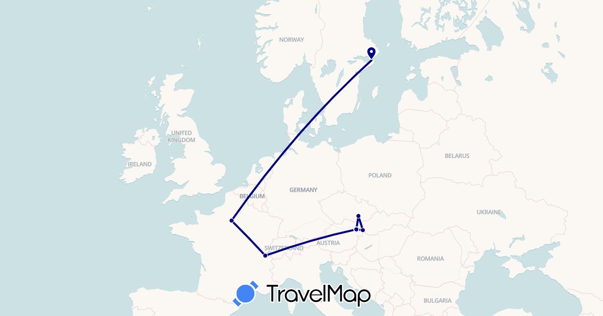 TravelMap itinerary: driving in Austria, Switzerland, Czech Republic, France, Sweden, Slovakia (Europe)